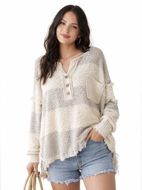 Bucket List Road Trip Henley Oversized Sweater Pebble Striped distressed Large